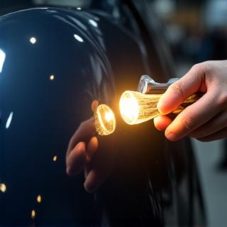 Detailer inspiziert Autolack mit einer Lampe