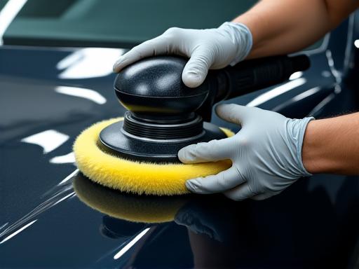 Mitarbeiter poliert Autolack mit professioneller Maschine